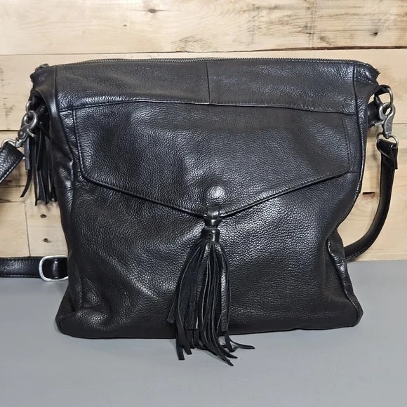 DAY AND MOOD Etty Leather Hobo Bag Crossbody Tassel Black Purse - Picture 1 of 16